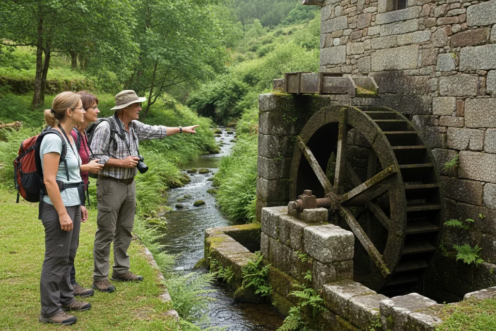 Grupo de viajeros caminando por un camino rural entre muros de piedra en Galicia