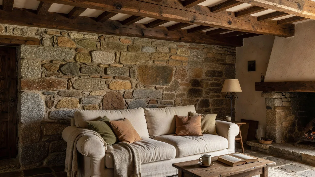 Interior de piedra y madera de una casa rural gallega rehabilitada