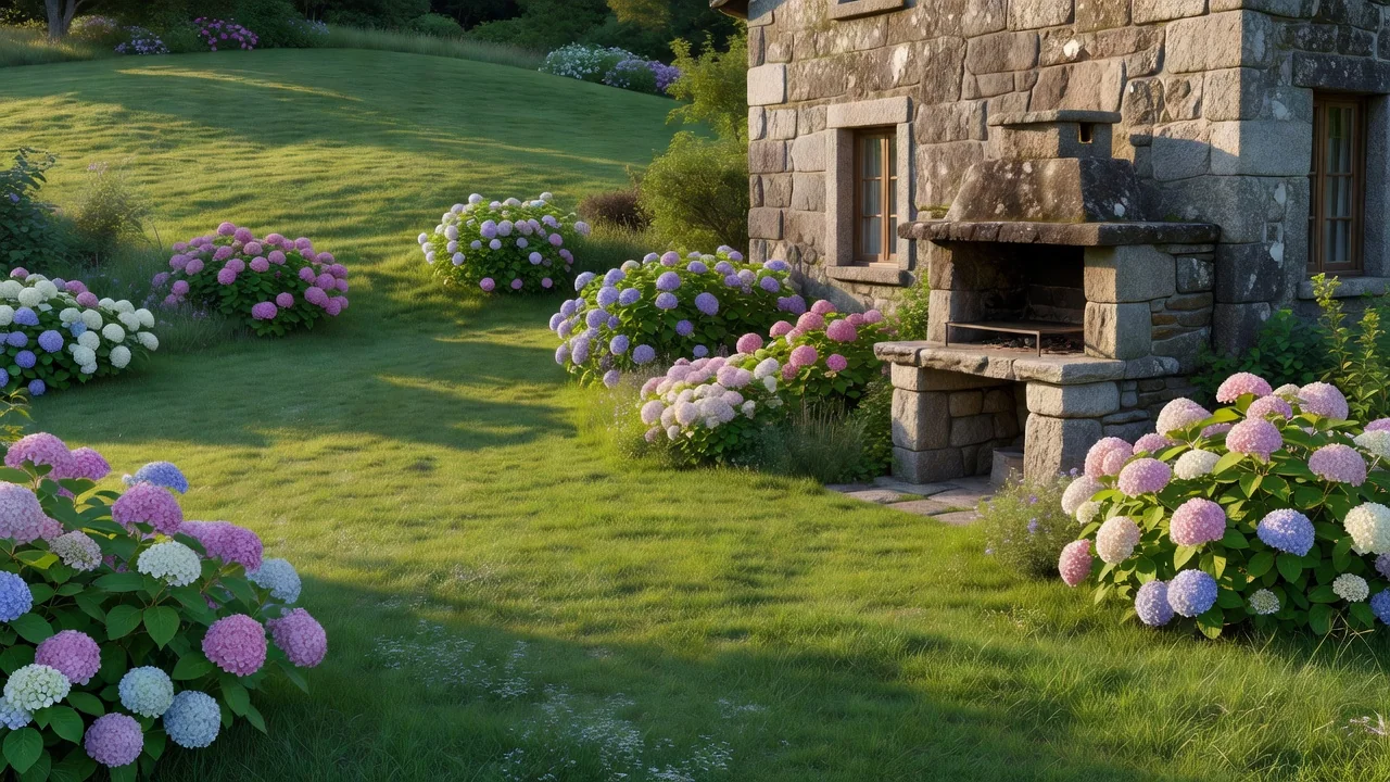 Jardín con barbacoa junto a una casa rural de piedra en Galicia