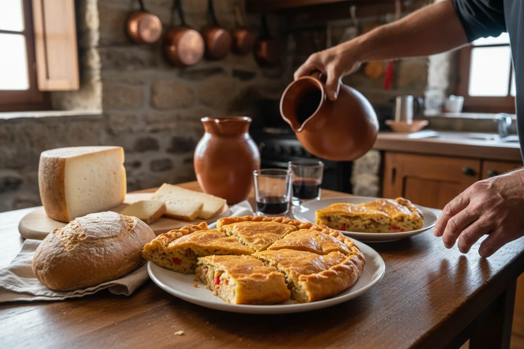 Cocinera sirviendo un plato de pulpo a un huésped en una casa rural gallega