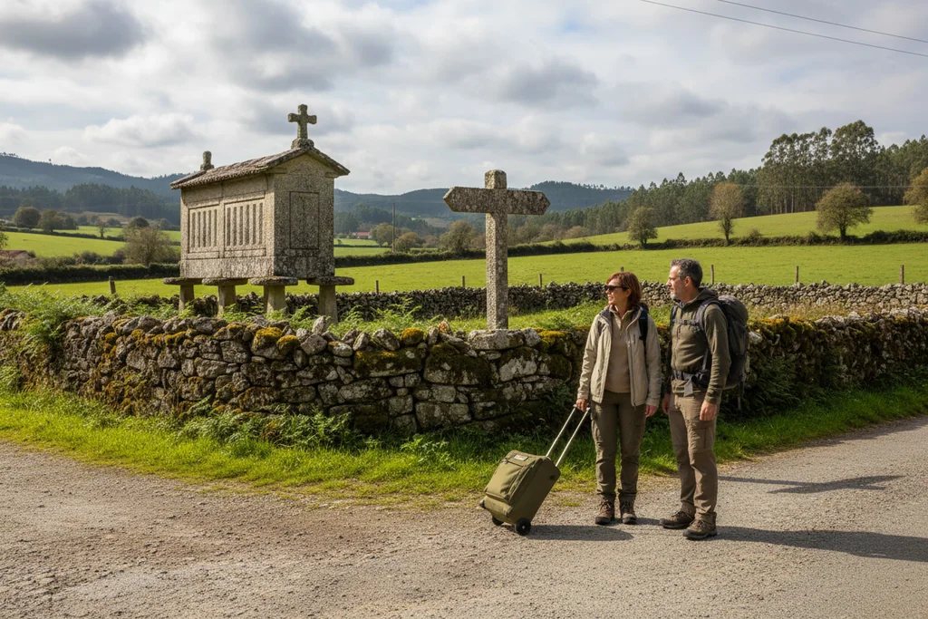Familia caminando por un camino rural hacia una aldea de piedra en Galicia