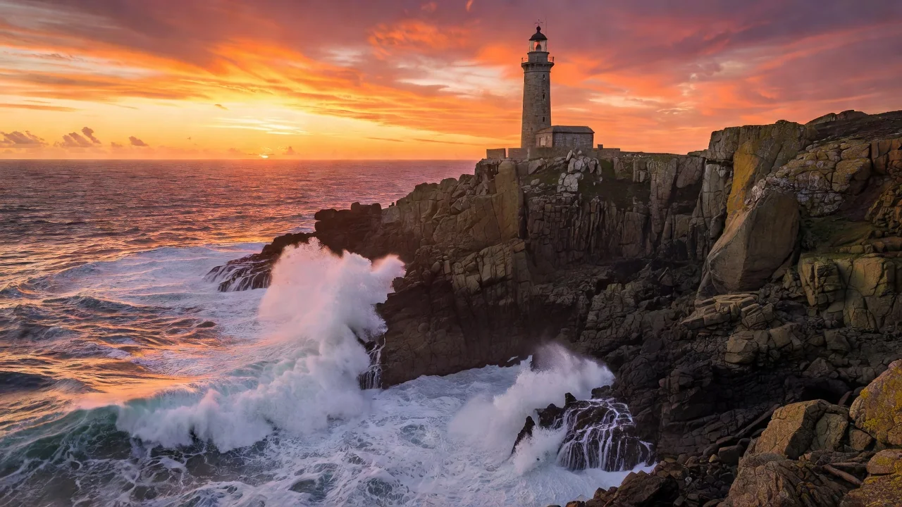 Acantilados y faro en la Costa da Morte gallega al atardecer