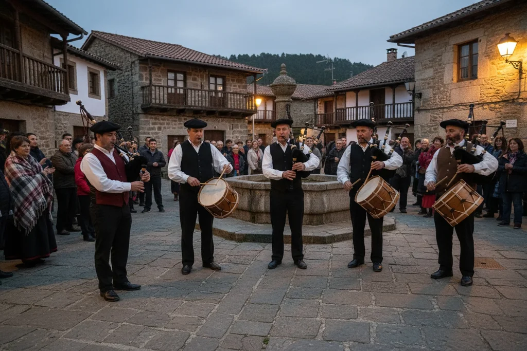 Vecinos compartiendo comida y risas en una fiesta de aldea en el rural gallego