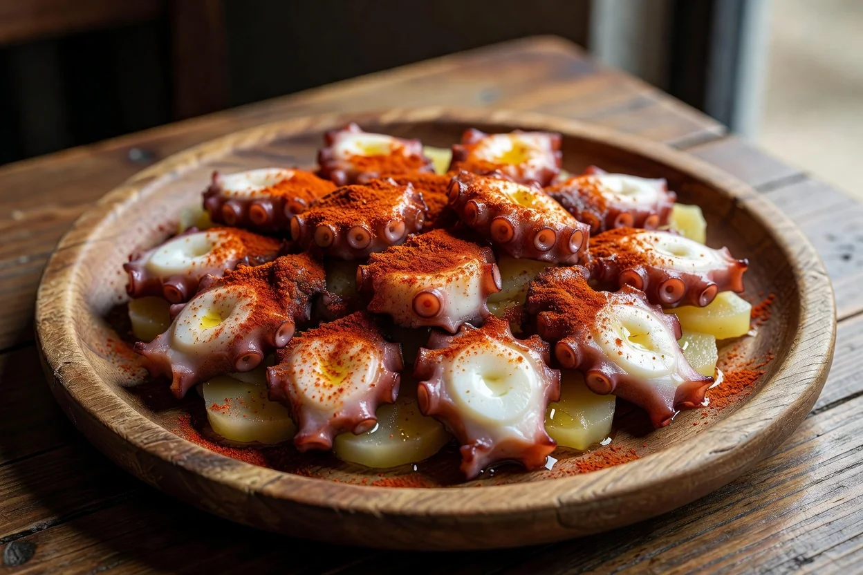 Plato de pulpo a la gallega con pimentón y patatas sobre tabla de madera