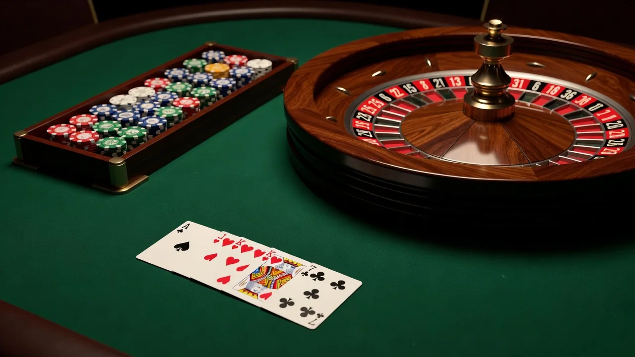 Mesa en vivo: ruleta, bandeja de fichas y blackjack sobre paño verde