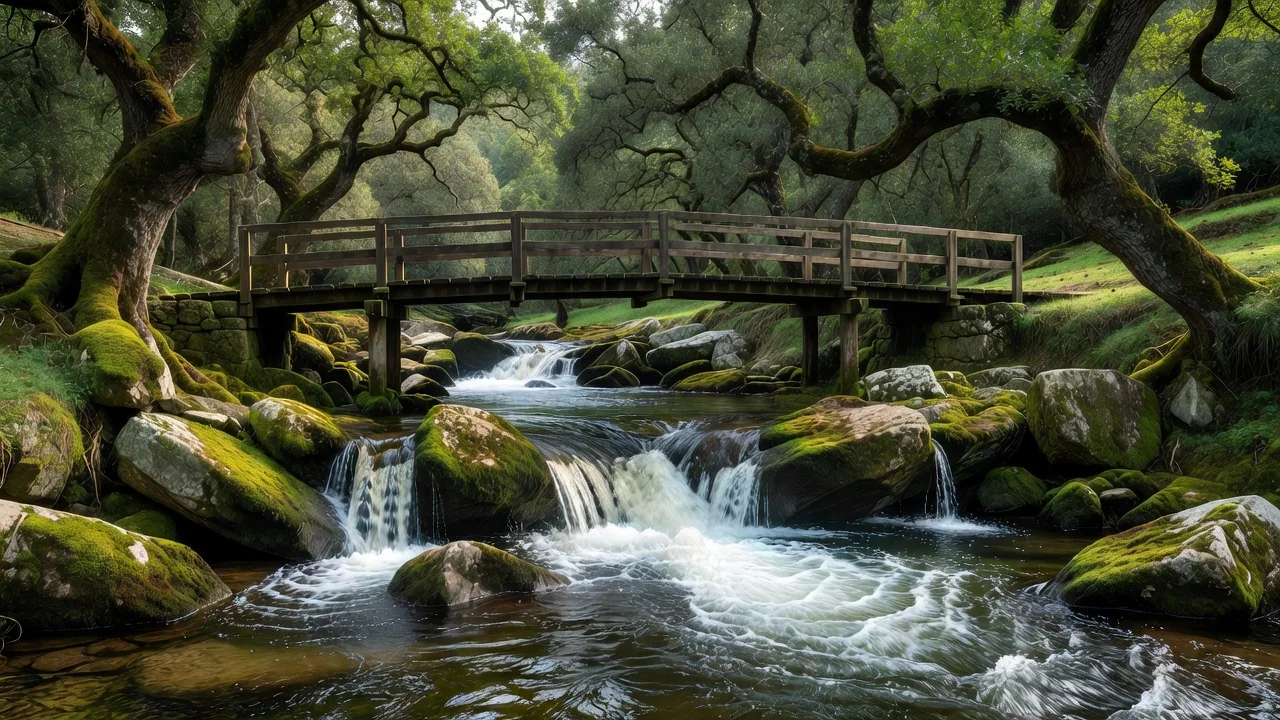 Molino de agua junto al río Anllóns entre robles en el Refugio de Verdes