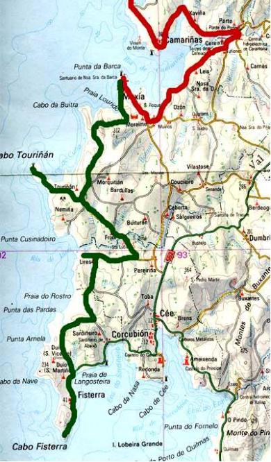 Mapa de ruta de los faros para hacer en bicicleta por la Costa da Morte, Coruña, Galicia