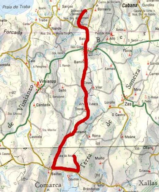 Mapa con una ruta a bicicleta por los dólmenes Costa da Morte, en A Coruña, Galicia